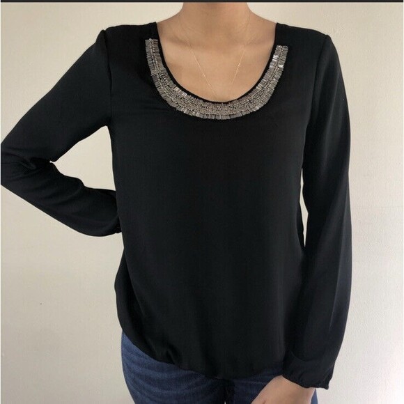 Stoosh Embellished Top Size S Cut Out Back Long Sleeve Silver Beading Neck Black - Picture 2 of 8